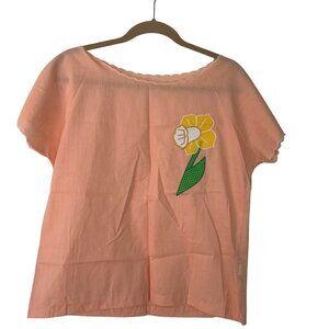 Jordana Vintage Womens Top Size Medium Peach Flower Applique Cotton Boxy Fit